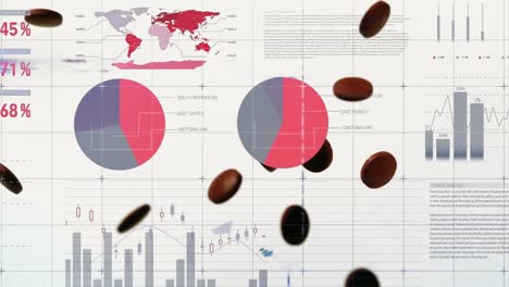 Animation-of-floating-diagrams,-circles,-world-map-and-data-processing-over-falling-pills