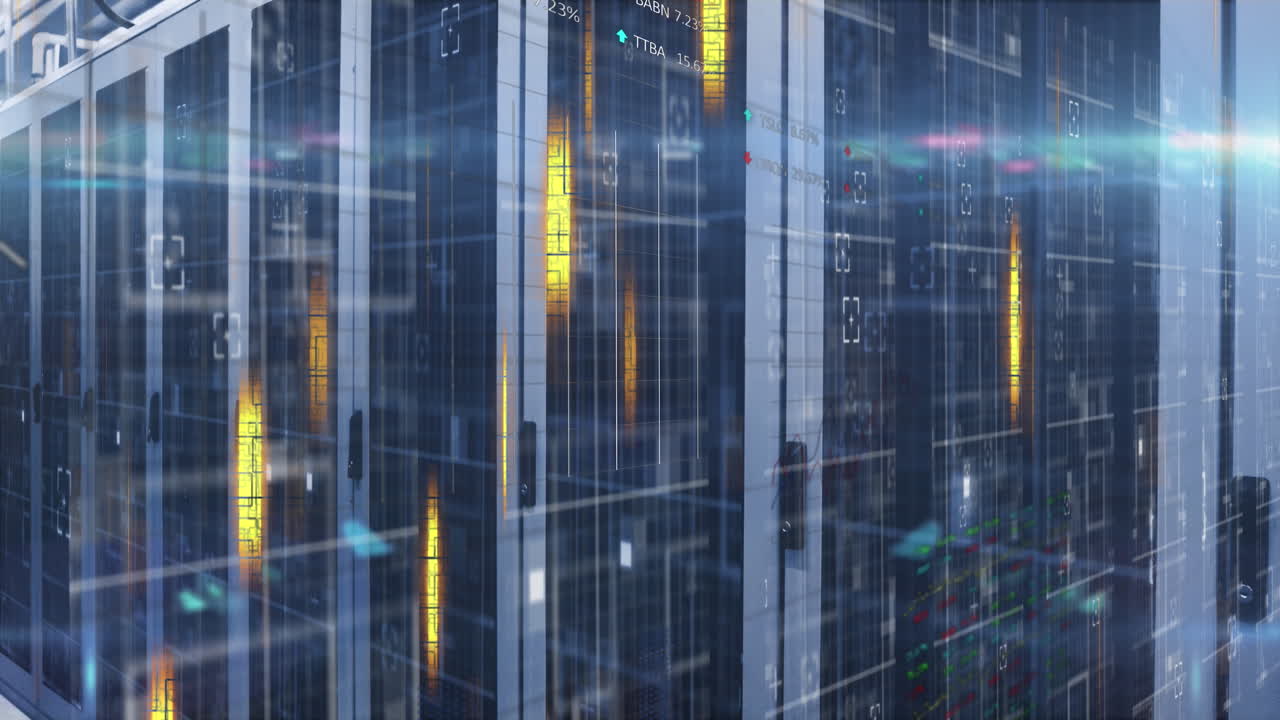 Glowing yellow lights and data processing over computer server room