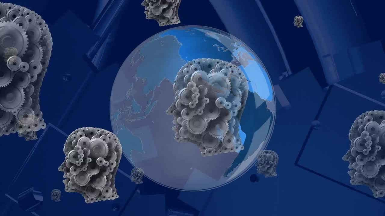 파란색 배경 에 있는 지구 위 에  ⁇  을 가진 인간 머리 의 구성