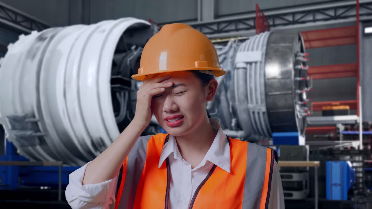 Close Up Of Asian Female Engineer With Safety Helmet Having A Headache While Working With Airplane Engine Maintenance Conducted