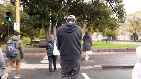 people crossing street at traffic light