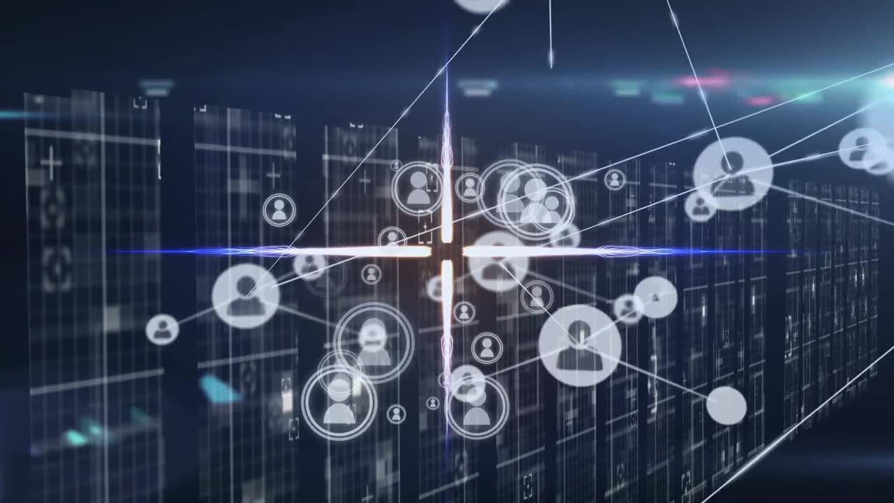 Animation of network of connections over shapes on black background