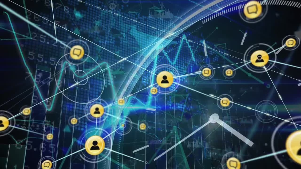 검은색 배경에 데이터 처리에 대한 아이콘으로 연결 네트워크의 애니메이션