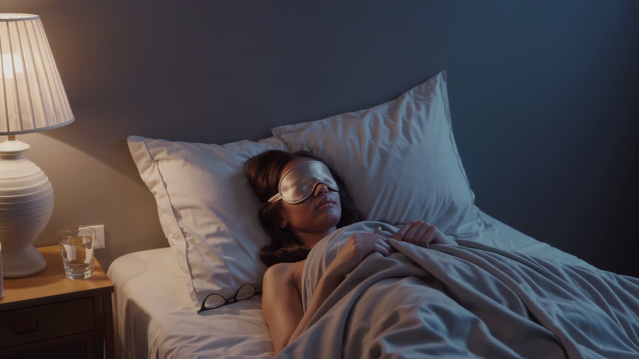 Woman Sleeping Soundly with a Sleep Mask in Bed at Night