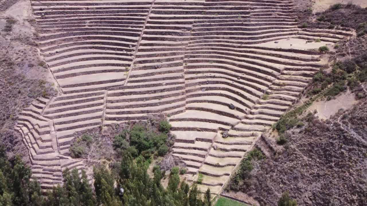 Aerial View Of Incan Ruins Agricultural Terraces On A Sunny Day In Pisac, Peru