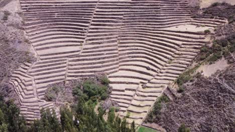 aerial view of incan ruins agricultural terraces on a sunny day in pisac, peru