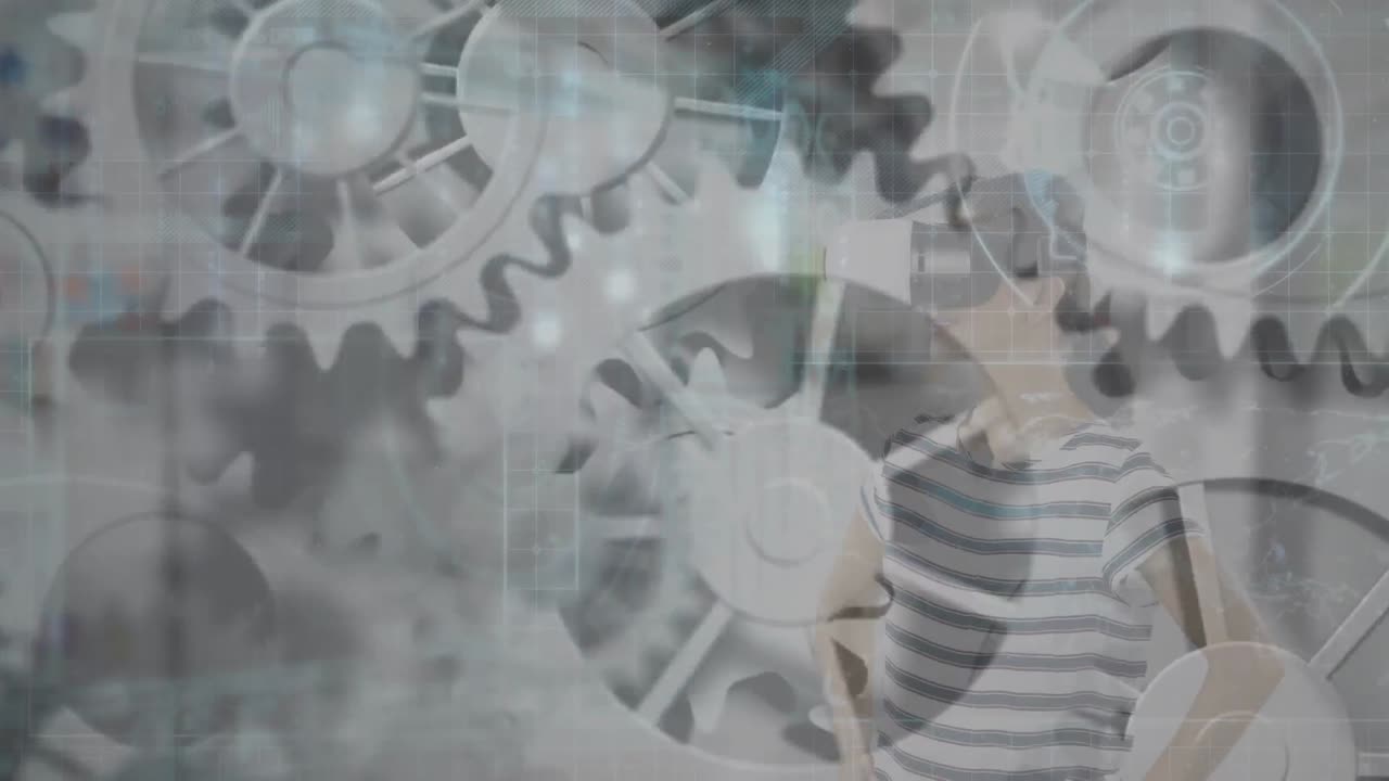 animación de engranajes girando sobre una mujer con auriculares vr