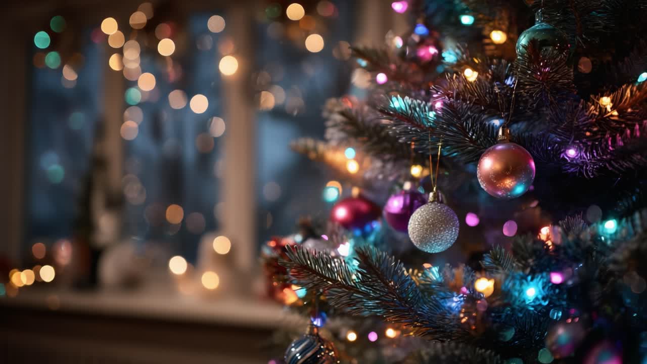 A Beautifully Decorated Christmas Tree Sparkling with Colorful Lights and Ornaments in a Cozy Room, Capturing the Essence of Holiday Cheer and Warmth