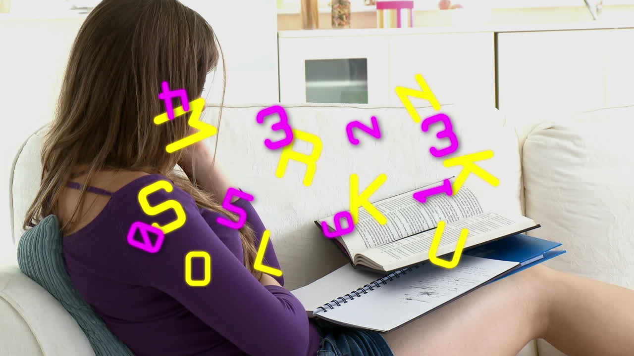 Animation of numbers changing over caucasian teenager girl learning on sofa