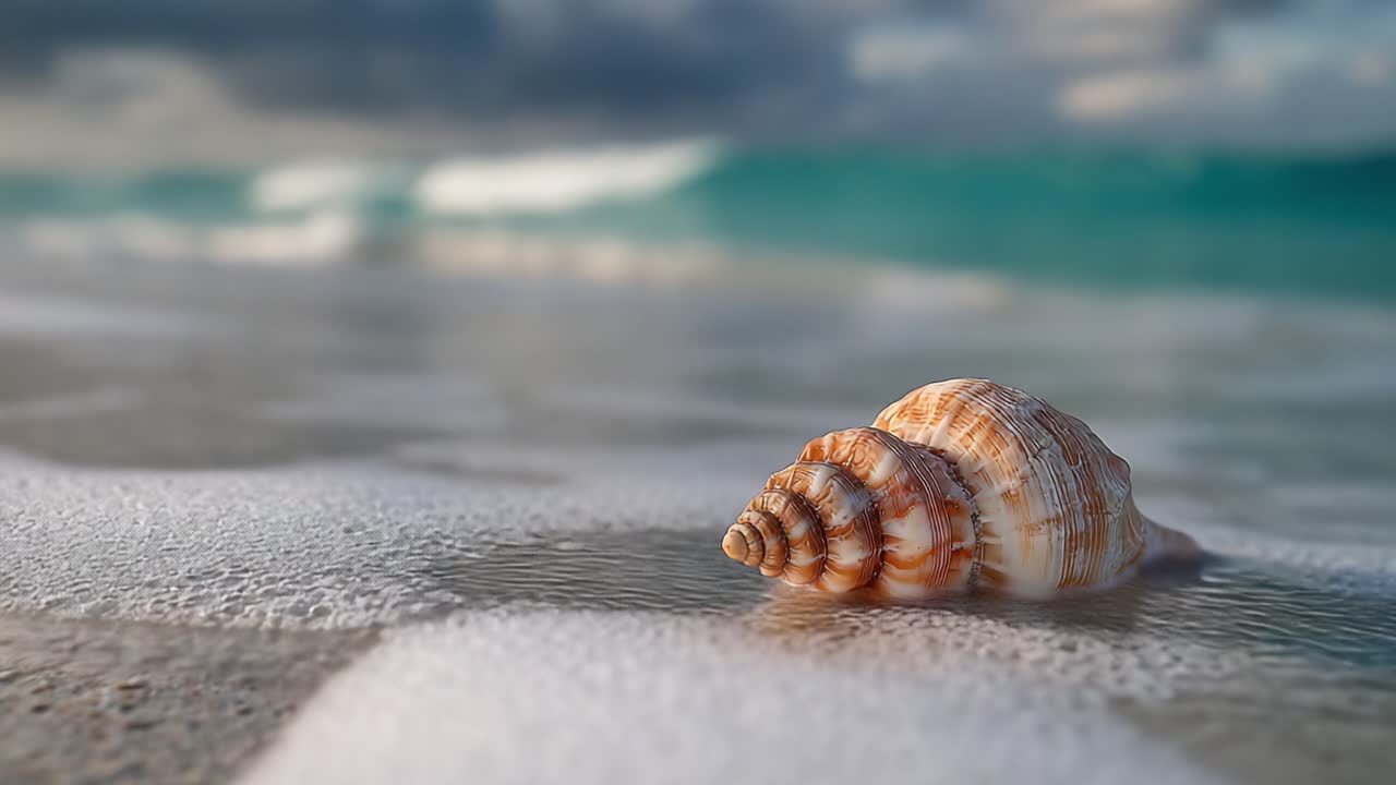 A Beautiful Spiral Shell Basking on the Shore as Waves Gently Roll Over Soft Sand, Capturing the Essence of Coastal Serenity and Nature's Delicate Beauty