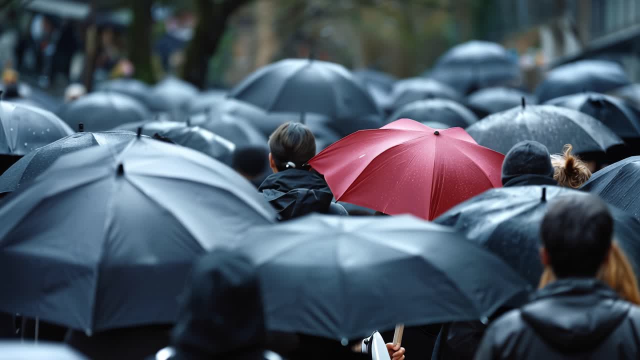 Un ombrello rosso spicca in una folla grigia. La pioggia cade costantemente. La gente cammina all'unisono, a testa bassa. Toni smorzati dominano la scena. La folla avanza, nessuno alza lo sguardo.