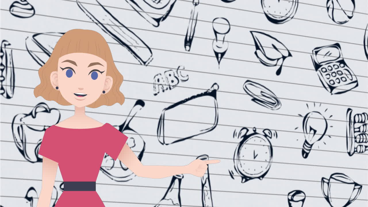 Animation of woman talking over school drawings