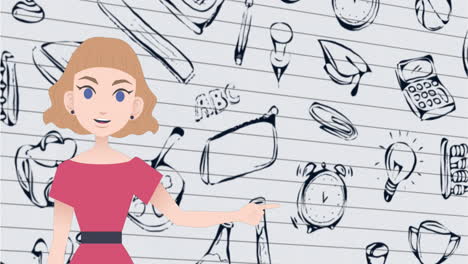 animación de una mujer hablando sobre dibujos escolares