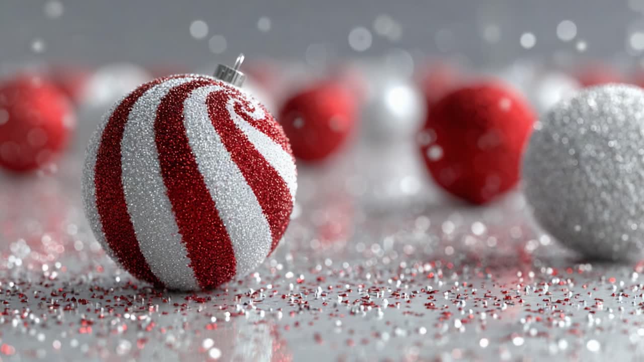 A Sparkling Collection of Holiday Ornaments Featuring Shimmering Red and White Designs Glimmering Amidst a Blanket of Glitter and Sparkle in a Festive Atmosphere