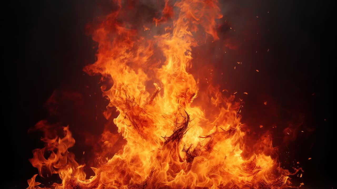 Dynamic video of intense flames with a low-angle shot, capturing vibrant orange and red hues