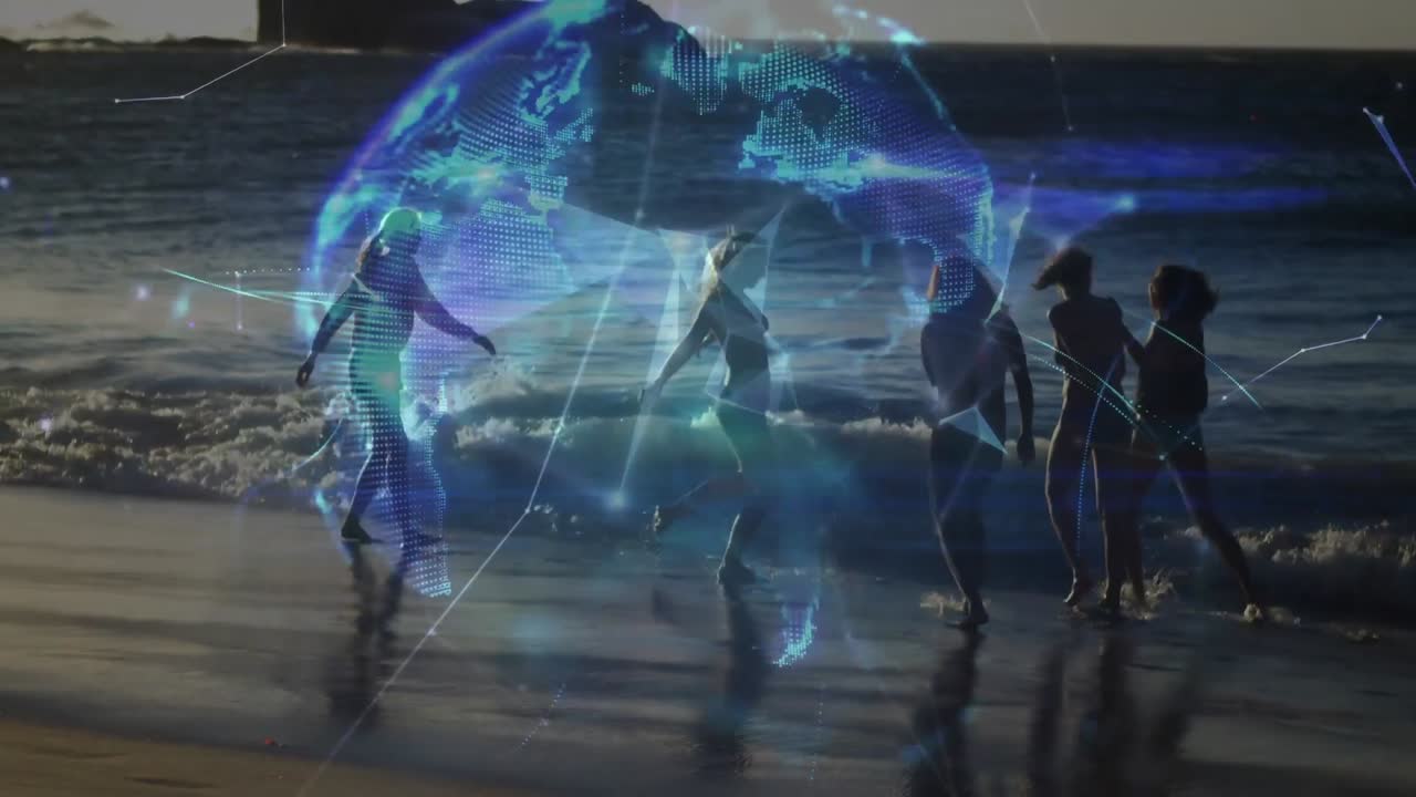Animation of glowing global network over female friends walking on sunny beach