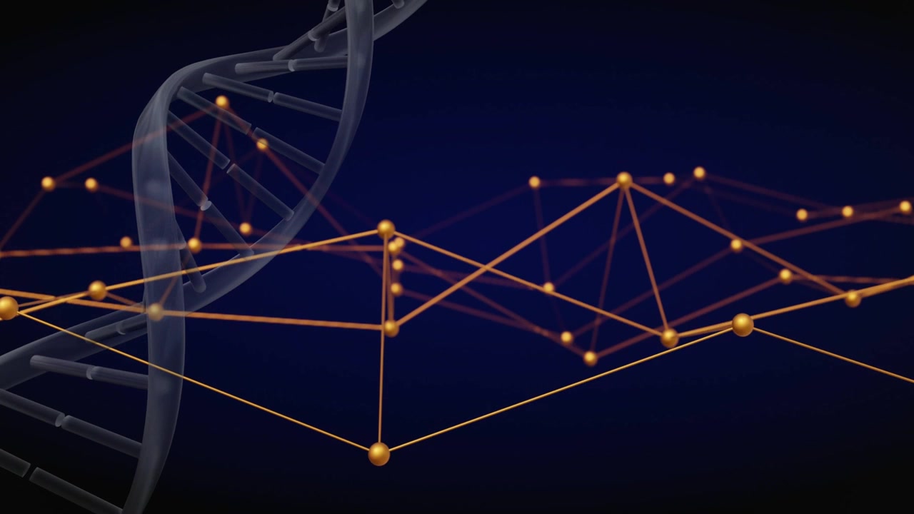 On start DNA helix and orange-gold node mesh shifting, forming peak, pulsing particles showing data