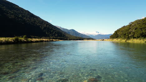 aerial along the haast river in the mount aspiring national park, south island, new zealand