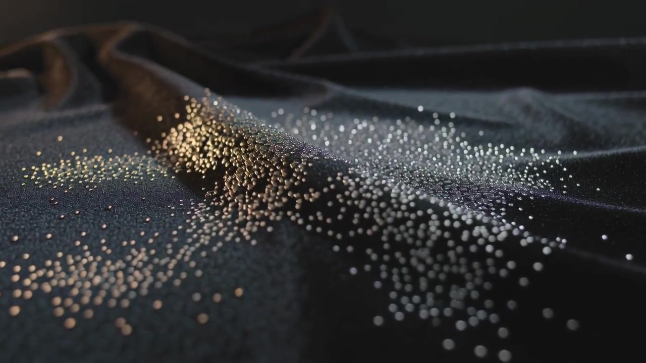 Rising cloth ridge carrying small spherical particles along dark set tabletop, spotlight reflecting