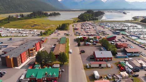 4k drone video of fishing village in valdez, ak during sunny summer day