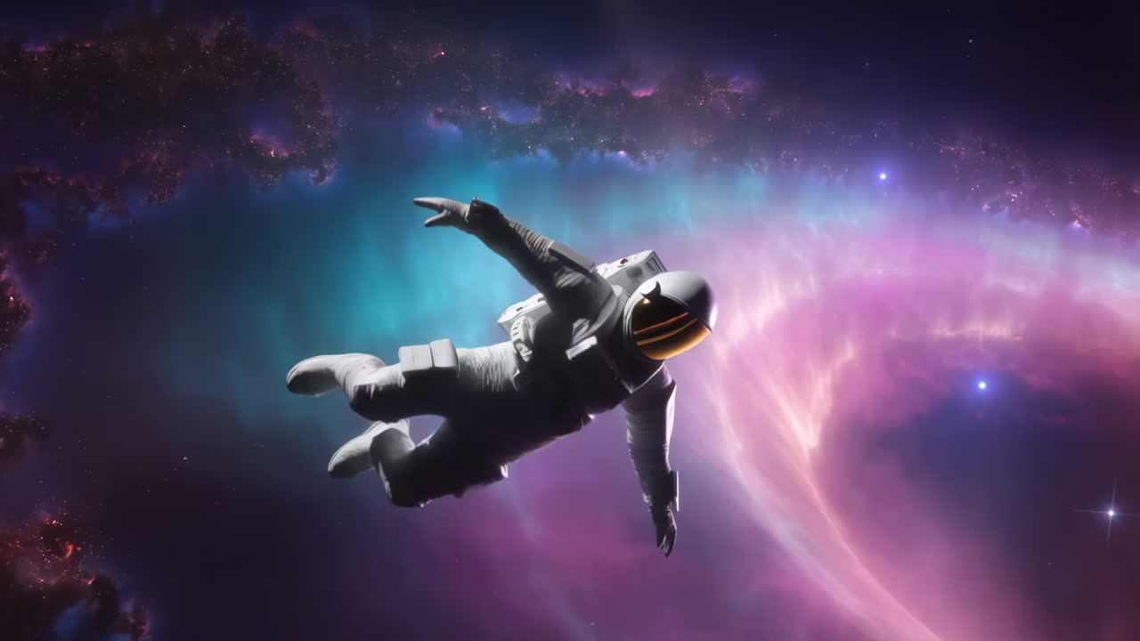 Astronaut Floating Amidst a Vibrant Cosmic Nebula