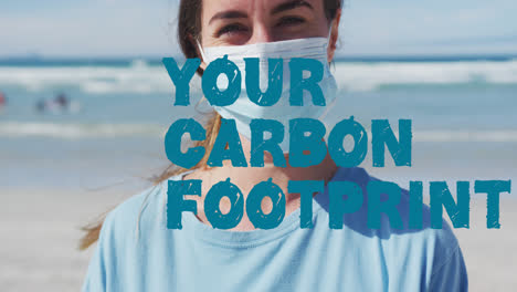 animation of your carbon footprint text in blue over caucasian woman in face mask on beach