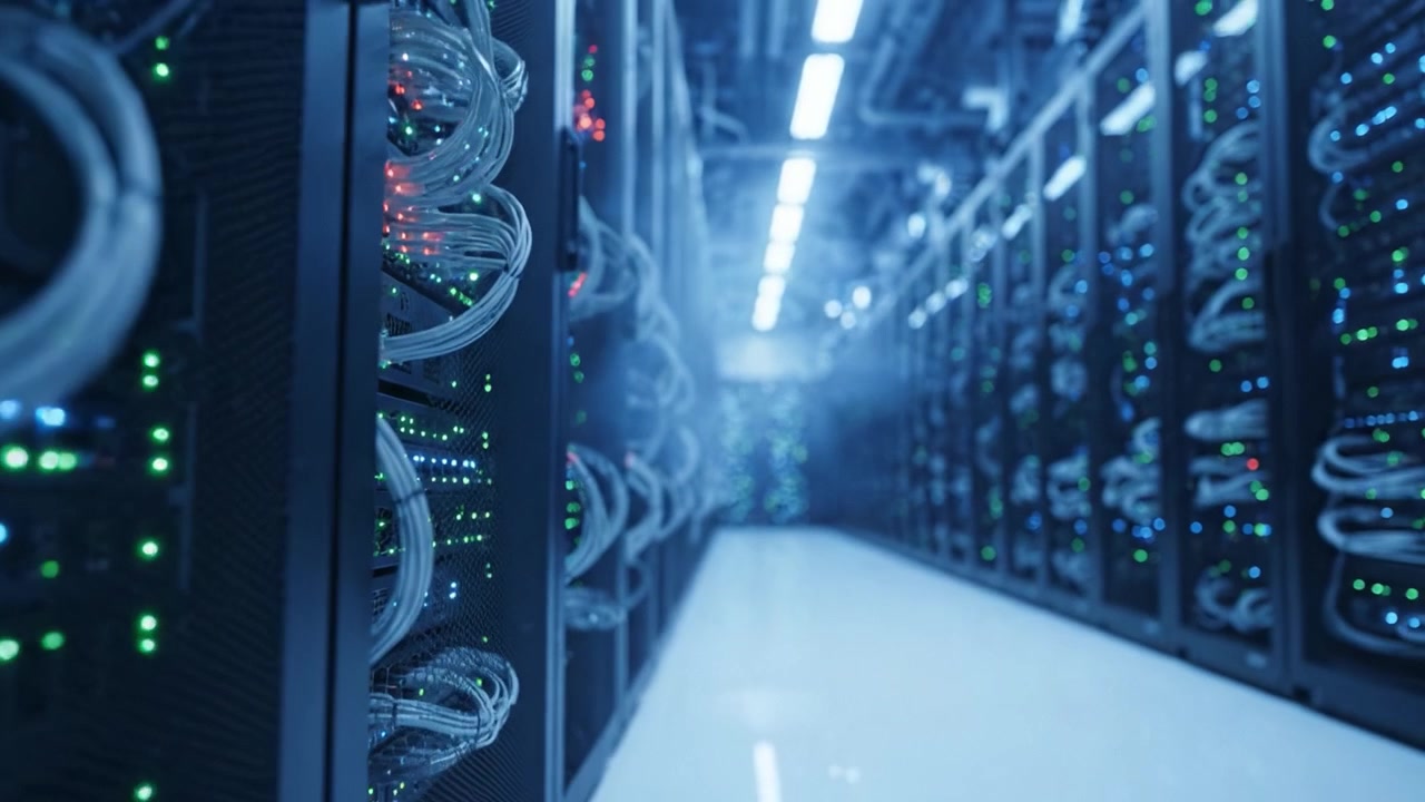 A Cutting-Edge Data Center Environment with an Expansive Network of Servers, Showcasing the Complex Infrastructure that Powers Modern Digital Operations and Information Systems