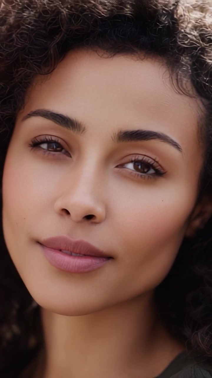 Enchanting Portrait of a Young Woman with Natural Beauty and Luminous Skin, Showcasing Curly Hair in a Close-Up Shot Emphasizing Her Elegance and Charisma