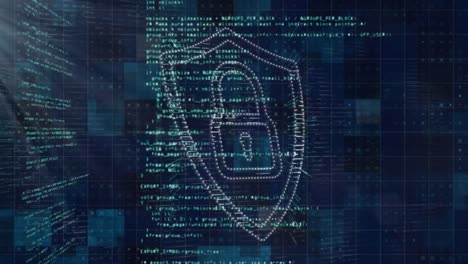 animation of security padlock icon, data processing and light spot against blue background