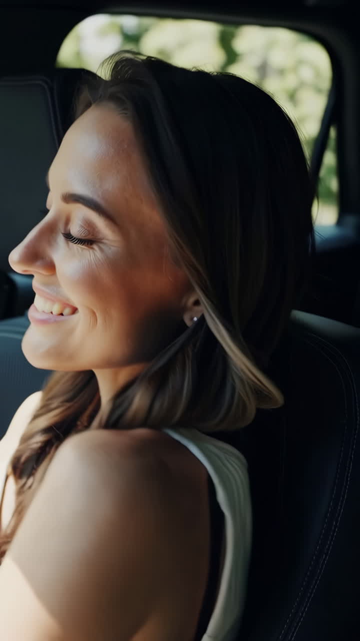 Joyful Woman Enjoying a Car Ride with Wind in Her Hair