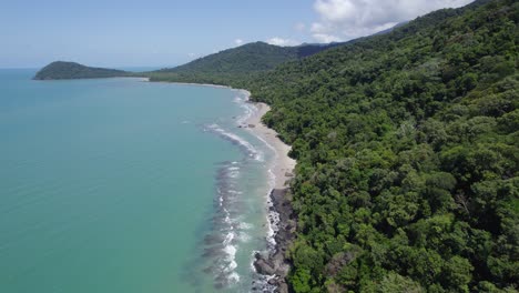 aerial drone view of cape tribulation beach with daintree tropical rainforest in north queensland, australia