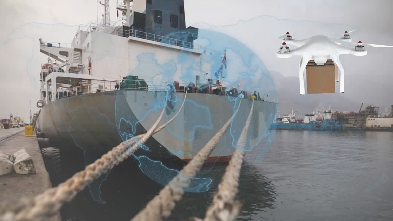 드론을 통한 연결 네트워크의 애니메이션과 항구를 통한 패 ⁇