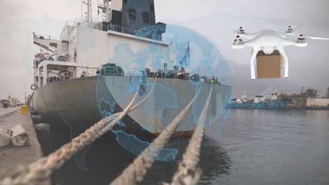 animación de la red de conexiones a través de drones con paquetes sobre el puerto