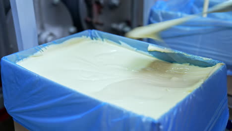 smooth dairy product in a box. production of fresh tasty butter on a milk farm. worker levels the butter product in the container.