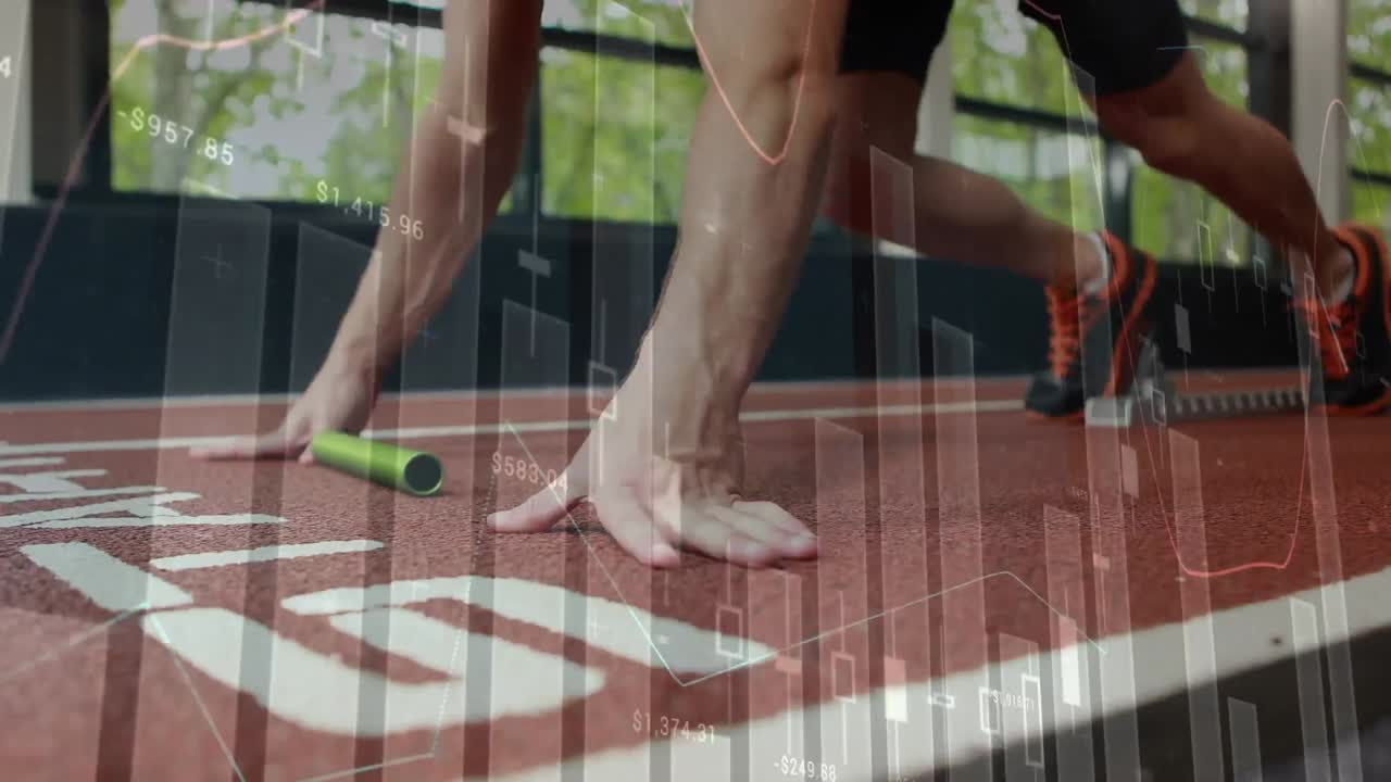 animación de estadísticas y procesamiento de datos sobre el corredor de relevos masculino en la línea de salida de la pista de carreras