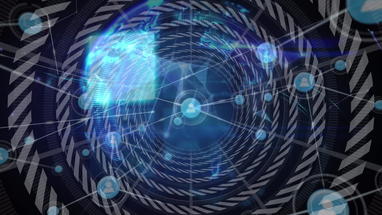 녹색 네트워크 애니메이션과 검은색 배경의 아이콘 및 연결 네트워크.