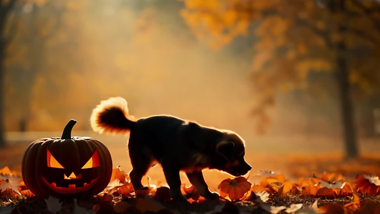 공원에서 할로윈 호박 근처의 가을 잎에서 놀고 있는 사랑스러운 강아지, 가을 바람을 즐기고