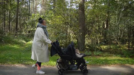 young mother walking with baby stroller in the forest during autumn.