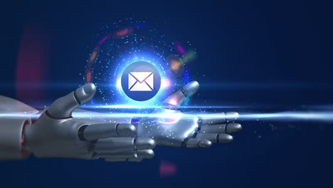 humanoid robot arms holding 3d email symbol