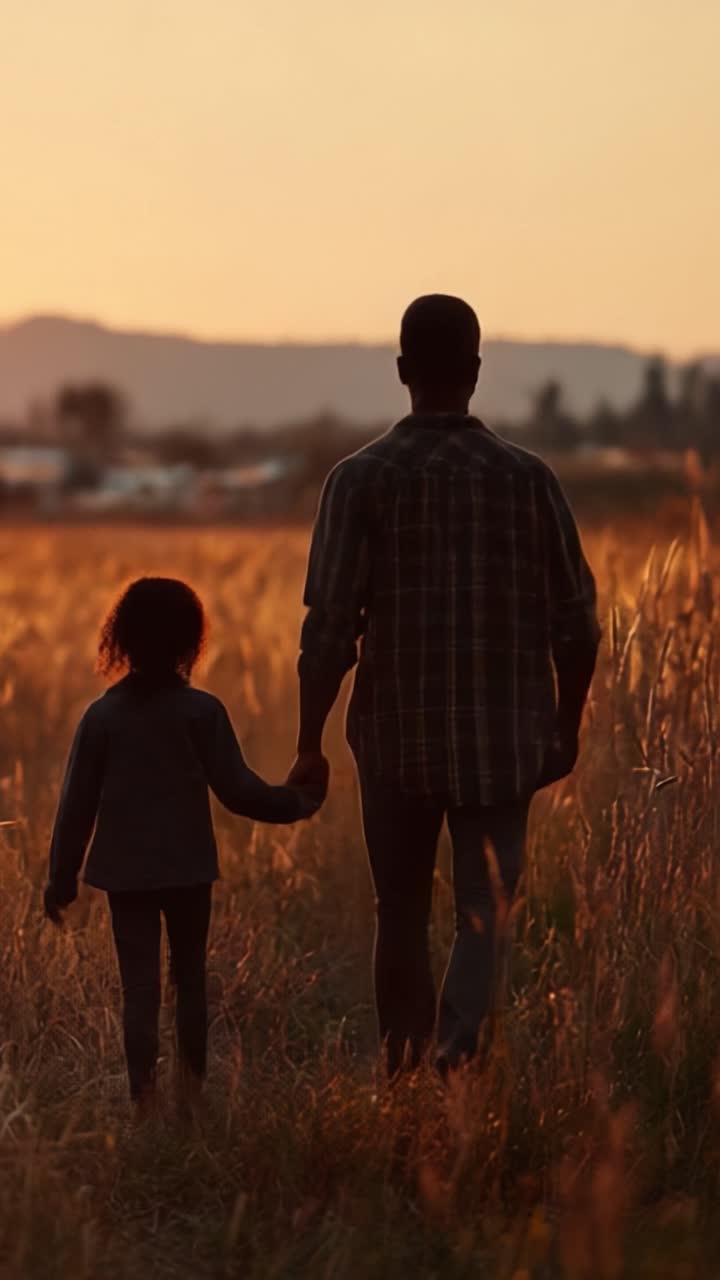 A Heartwarming Evening Stroll: Father and Child Embrace Nature's Beauty Together in a Serene Field at Dusk, Cherishing Their Unbreakable Bond and Shared Moments