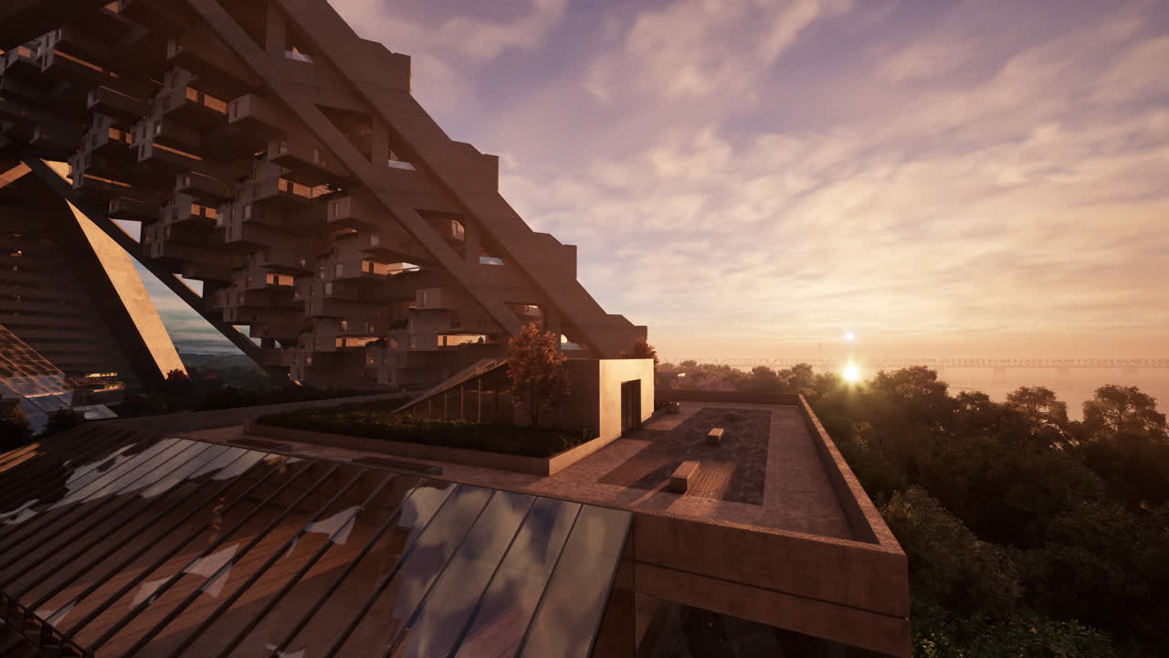 arquitectura futurista en un paisaje urbano al atardecer