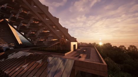 futuristic architecture in a cityscape at sunset