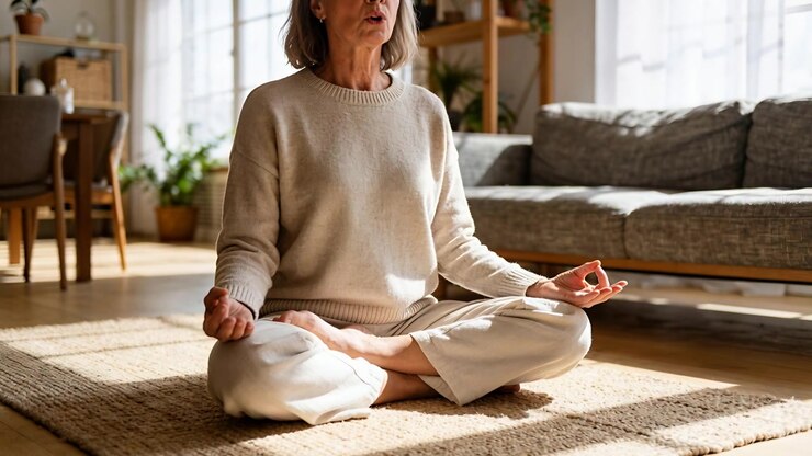 Anziana donna con un maglione che respira, passando a un canto dopo un profondo respiro in soggiorno, con un tappeto intrecciato.