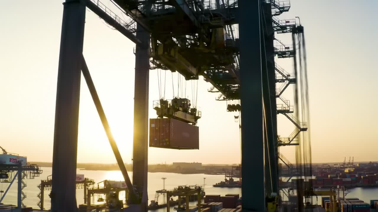 Industrial Harbor Operations at Sunrise: Overhead Crane Moving Cargo Container at Shipping Terminal with Port Activity in the Background