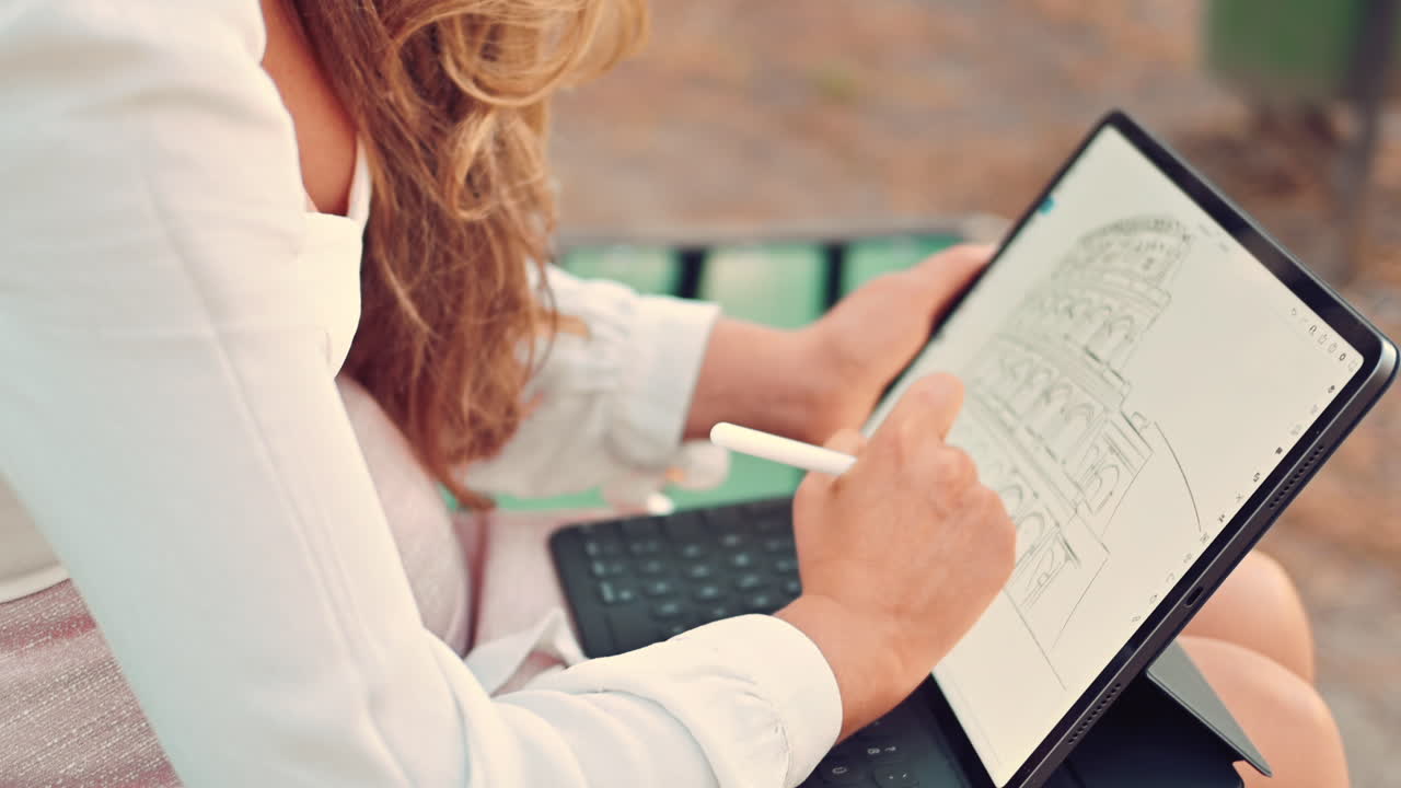 Woman sketching a building on a tablet with a stylus pen