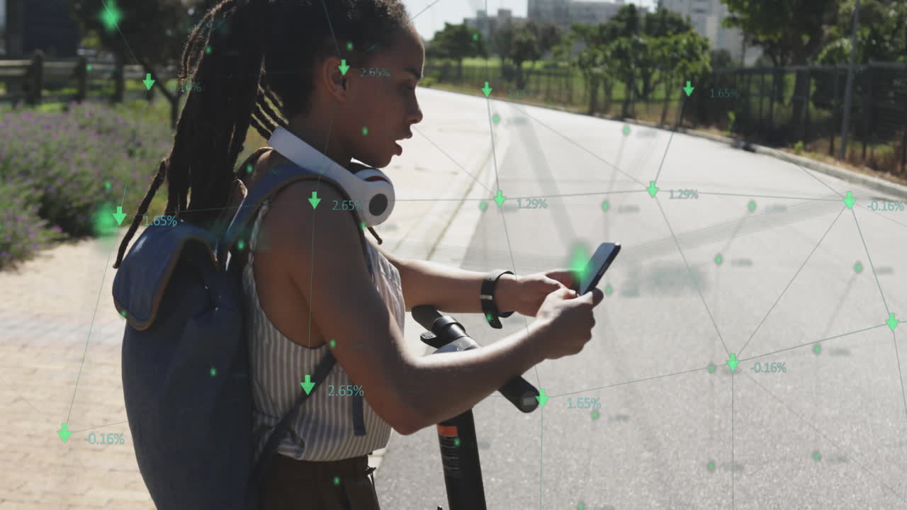 Animation of data processing over biracial woman using smartphone with scooter in park