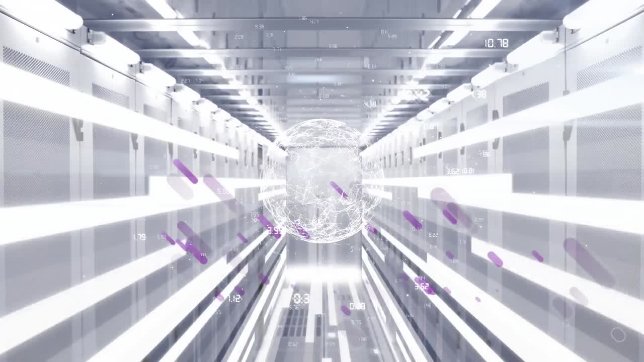 지구, 보라색 빛 트레일의 애니메이션 및 컴퓨터 서버를 통한 데이터 처리