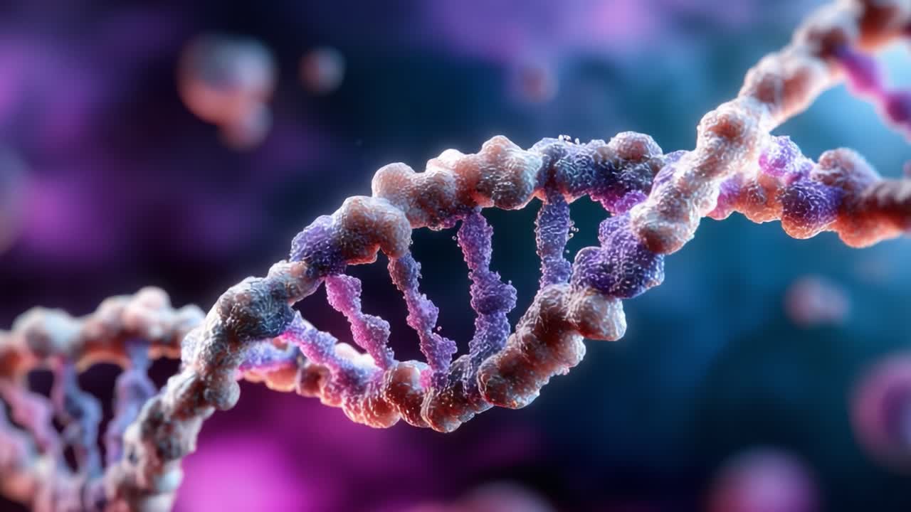 Exploring the Intricate Structure of DNA: A Stunning Visualization of the Genetic Blueprint with Colorful Particles in a Cosmic Background