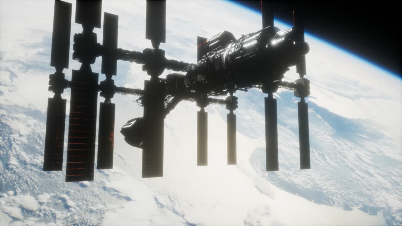 지구와 우주선의 모습. iss는 지구를 공전하고 있습니다.