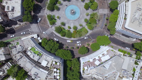 Cruising-over-Zamenhoff-Street,-Dizengoff-Square-and-Beilinson-Street-on-a-hot-summer-day-when-people-are-sitting-under-the-trees---top-down-view